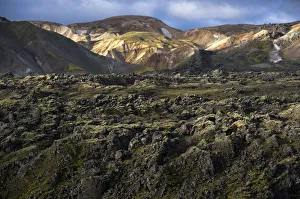 Rhyolite mountains and Laugahraun lava field, Landmannalaugar, Fjallabak Nature Reserve Rhyolite mountains and Laugahraun lava field, Landmannalaugar, Fjallabak Nature Reserve