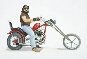 Rider sitting on stationary chopper bike, side view Rider sitting on stationary chopper bike, side view