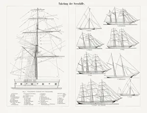 Rigging of the sailing ships, wood engravings, published in 1897 Rigging of the sailing ships, wood engravings, published in 1897