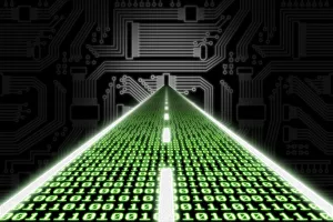 Road made of binary code leading towards a stylized circuit board Road made of binary code leading towards a stylized circuit board