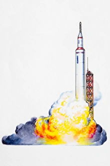 Rocket launched in cloud of fire and smoke Rocket launched in cloud of fire and smoke