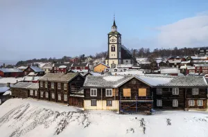 Roros old mining town with church hill in winter Roros old mining town with church hill in winter