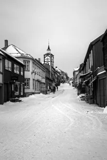 Roros old town main church street in winter snow Roros old town main church street in winter snow