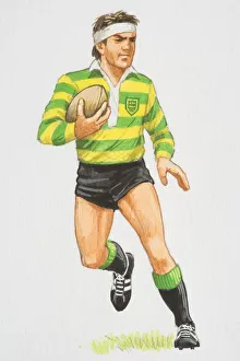 Rugby player running while holding ball, front view Rugby player running while holding ball, front view