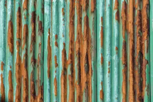 Rusty, green-painted corrugated iron wall, Faroe Islands, Faroe Islands, Denmark Rusty, green-painted corrugated iron wall, Faroe Islands, Faroe Islands, Denmark