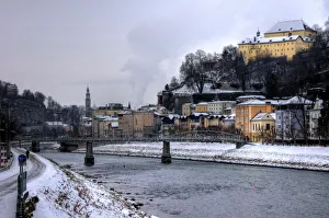 Salzach river in winter with Salzburg old town Salzach river in winter with Salzburg old town