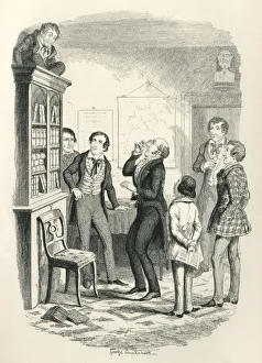 Scared Victorian schoolboy hiding on top of a bookcase Scared Victorian schoolboy hiding on top of a bookcase