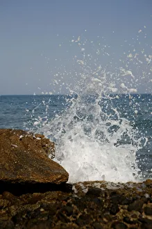Sea spray, Mediterranean coast in Sitges, Parc National del Garraf, Costa Dorado, Spain, Europe Sea spray, Mediterranean coast in Sitges, Parc National del Garraf, Costa Dorado, Spain, Europe