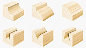 Sections of wood cut into different shapes with groove and edge cutters Sections of wood cut into different shapes with groove and edge cutters