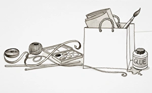 Selection of art materials, sticky tape, spool of string, water colours, paint brush, and pot of glue Selection of art materials, sticky tape, spool of string, water colours, paint brush, and pot of glue