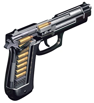 Semi-automatic pistol, cutaway illustration Semi-automatic pistol, cutaway illustration