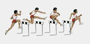 Sequence of illustrations of male athlete jumping over hurdles Sequence of illustrations of male athlete jumping over hurdles