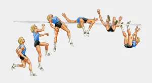 Sequence of illustrations showing female athlete performing high jump Sequence of illustrations showing female athlete performing high jump