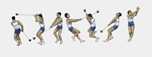 Sequence of illustrations showing male athlete throwing hammer Sequence of illustrations showing male athlete throwing hammer