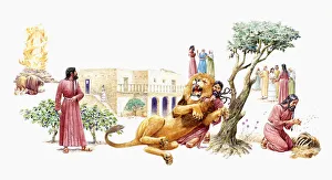 Sequence of illustrations showing Samson wrestling a lion Sequence of illustrations showing Samson wrestling a lion
