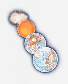 Series of illustrations showing formation of Planet Earth from cloud of gas and dust Series of illustrations showing formation of Planet Earth from cloud of gas and dust