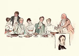 Serving glasses of warm punch after victorian christmas dinner Serving glasses of warm punch after victorian christmas dinner