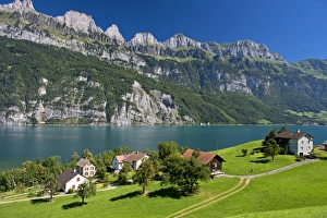 Settlement on Lake Walen in front of the Churfirsten range near Mols, Canton of St Settlement on Lake Walen in front of the Churfirsten range near Mols, Canton of St