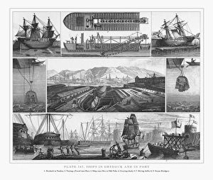 Ships in Drydock and in Port Engraving, 1851 Ships in Drydock and in Port Engraving, 1851