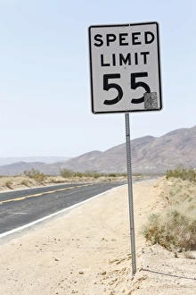 Sign, Speed Limit 55, on Calico Road, California, USA Sign, Speed Limit 55, on Calico Road, California, USA