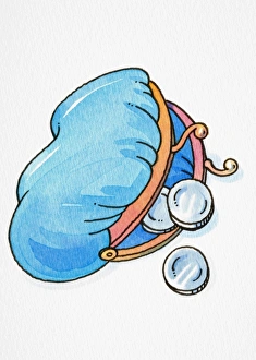 Silver coins spilling out of open blue purse Silver coins spilling out of open blue purse