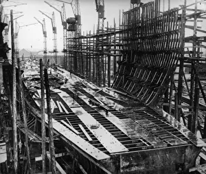 Prints of circa 1911: The inner bottom and midship framing of the Cunard liner Aquitania during construction at John Brown and Companys Clydebank Yard Clydebank Prints: Skeleton Ship Print circa 1911, Aquitania Construction at Clydebank Yard