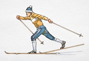 Skier sliding forward using skiing poles, side view Skier sliding forward using skiing poles, side view
