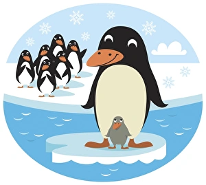 Smiling adult Penguin and chick standing on small ice floe, group of Penguins behind them on icy shore Smiling adult Penguin and chick standing on small ice floe, group of Penguins behind them on icy shore