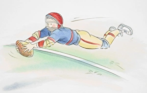 Smiling American football player leaping forward horizontally over touchdown line with Smiling American football player leaping forward horizontally over touchdown line with