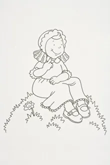 Smiling girl wearing a bonnet sitting on a grassy mound, side view Smiling girl wearing a bonnet sitting on a grassy mound, side view