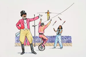 Smiling ringmaster in circus ring pointing to acrobats juggling Smiling ringmaster in circus ring pointing to acrobats juggling
