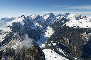 The snow-covered Appenzell Alps and lake Saemtisersee, canton of Appenzell Innerrhoden The snow-covered Appenzell Alps and lake Saemtisersee, canton of Appenzell Innerrhoden