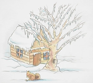 Snowy scene, wooden hut and tree covered with layer of snow Snowy scene, wooden hut and tree covered with layer of snow