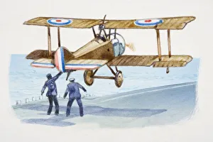Sopwith Pup plane taking off by seafront, rear view Sopwith Pup plane taking off by seafront, rear view