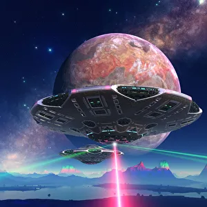 Spaceship firing on alien planet, illustration Spaceship firing on alien planet, illustration