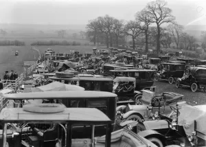 Prints of 31st March 1910: Motors in the enclosure at the hunt steeplechase at Melton Mowbray, Leicestershire. (Photo by W. G. Phillips/Phillips/Getty Images) Leicestershire Prints: Motor Enclosure Print, 31st March 1910