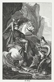 St Georges Battle with the Dragon, wood engraving, published 1882 St Georges Battle with the Dragon, wood engraving, published 1882