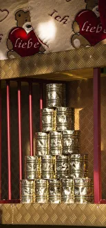 Stacked cans for throwing at, Oktoberfest, Theresienwiese, Munich, Upper Bavaria, Bavaria Stacked cans for throwing at, Oktoberfest, Theresienwiese, Munich, Upper Bavaria, Bavaria