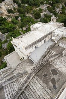 Stairs, pilgrimage church Santuario della Madonna della Scala, built in 1731, baroque style, Gravina gorge, cave settlement of Massafra, Murge Tarantine, Province of Taranto, Apulia, Italy Stairs, pilgrimage church Santuario della Madonna della Scala, built in 1731, baroque style, Gravina gorge, cave settlement of Massafra, Murge Tarantine, Province of Taranto, Apulia, Italy