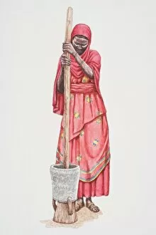 Related Images Collection: Standing African woman in traditional Somalian clothing pounding grain in a clay pot using a