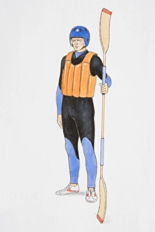 Standing man wearing wetsuit, helmet and buoyancy aid, holding a double-bladed paddle Standing man wearing wetsuit, helmet and buoyancy aid, holding a double-bladed paddle