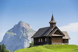 Stoos-Kirche church in front of Grosser Mythen mountain, Stoos, Morschach, canton of Schwyz, Switzerland Stoos-Kirche church in front of Grosser Mythen mountain, Stoos, Morschach, canton of Schwyz, Switzerland