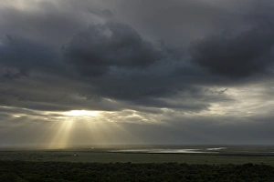 Sunbeams breaking through a dark cloudy over a wetland, iSimangaliso Wetland Park Sunbeams breaking through a dark cloudy over a wetland, iSimangaliso Wetland Park