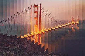 Surreal rearranged strips picture of the Golden Gate bridge at dusk with cool effect Surreal rearranged strips picture of the Golden Gate bridge at dusk with cool effect