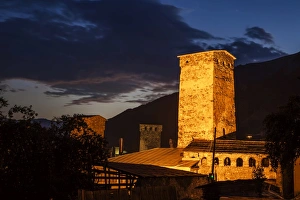 Svan towers illuminated at night. Svaneti, Georgia Svan towers illuminated at night. Svaneti, Georgia