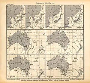 Synoptic Weather Maps Chart, Pacific Ocean, German Antique Victorian Engraving, 1896 Synoptic Weather Maps Chart, Pacific Ocean, German Antique Victorian Engraving, 1896