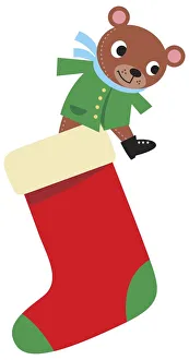 Teddy bear stepping out of red Christmas stocking Teddy bear stepping out of red Christmas stocking