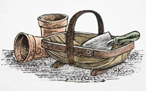 Two terracotta plant pots, and hand trowel in trug Two terracotta plant pots, and hand trowel in trug