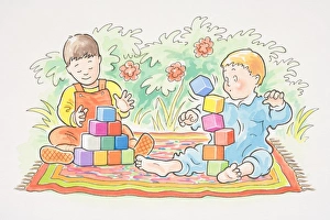 Two toddlers on rug building with square bricks Two toddlers on rug building with square bricks