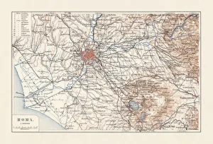 Topographic map of Rome, Italy and surroundings, lithograph, published 1897 Topographic map of Rome, Italy and surroundings, lithograph, published 1897